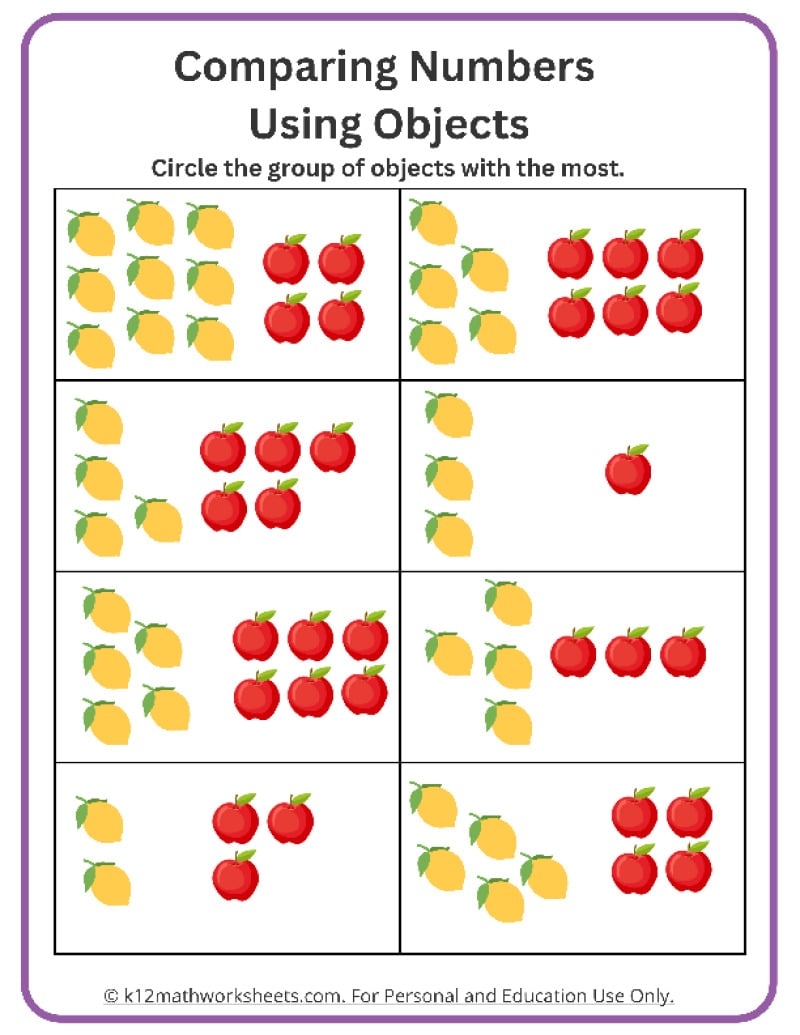 Kindergarten Comparing Numbers Worksheets