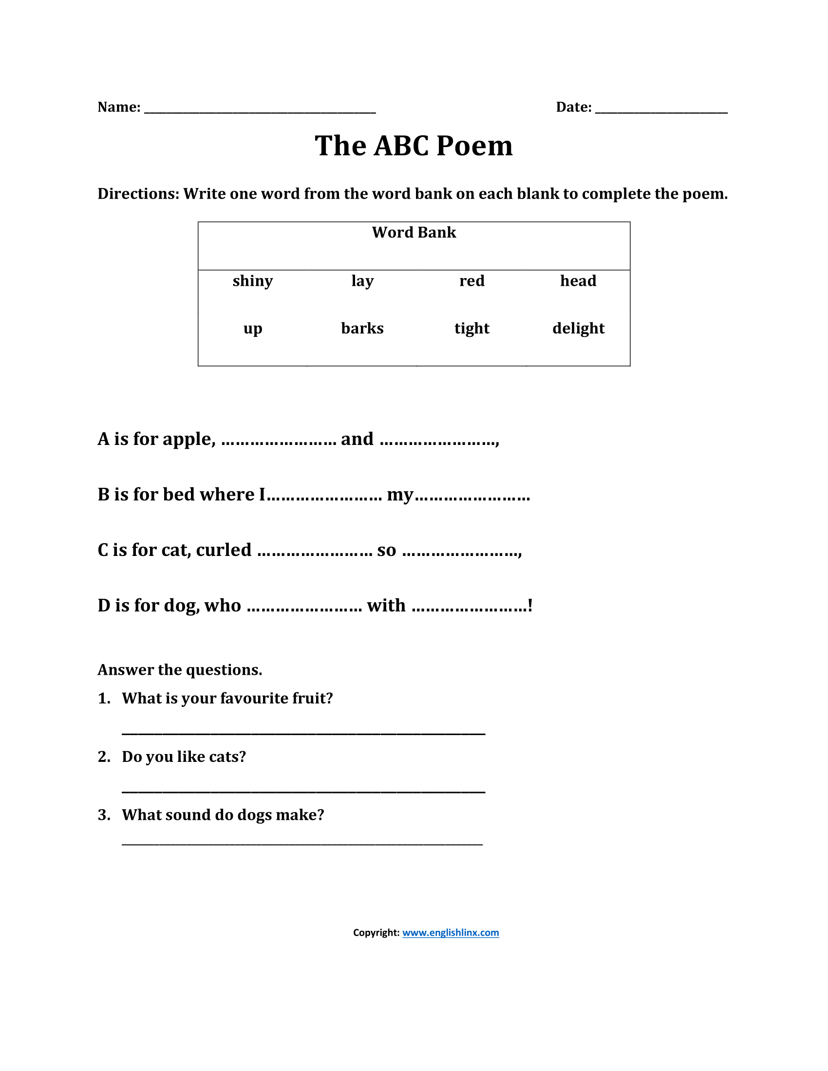 Kindergarten Writing Worksheets The ABC Poem Worksheet