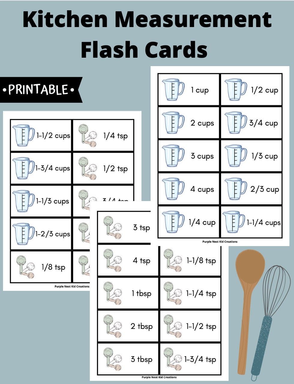 Kitchen Measurement Flash Cards Baking Cooking Printable PDF Etsy