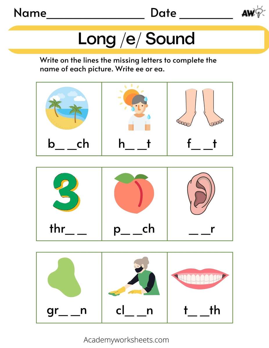 EI Words Cut And Paste The Images Long E Phonics Worksheet Ezpzphonics