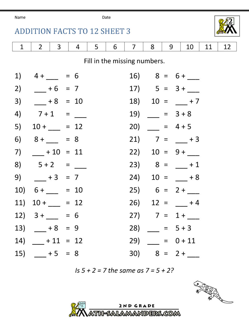 Learning Addition Facts To 12