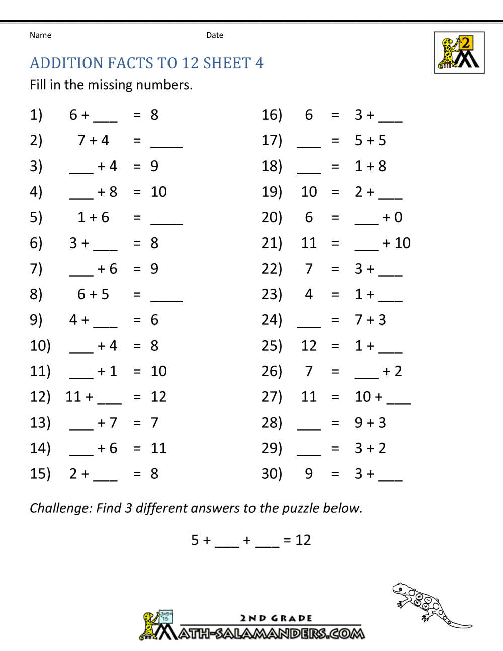 Addition Facts To 20 Worksheets