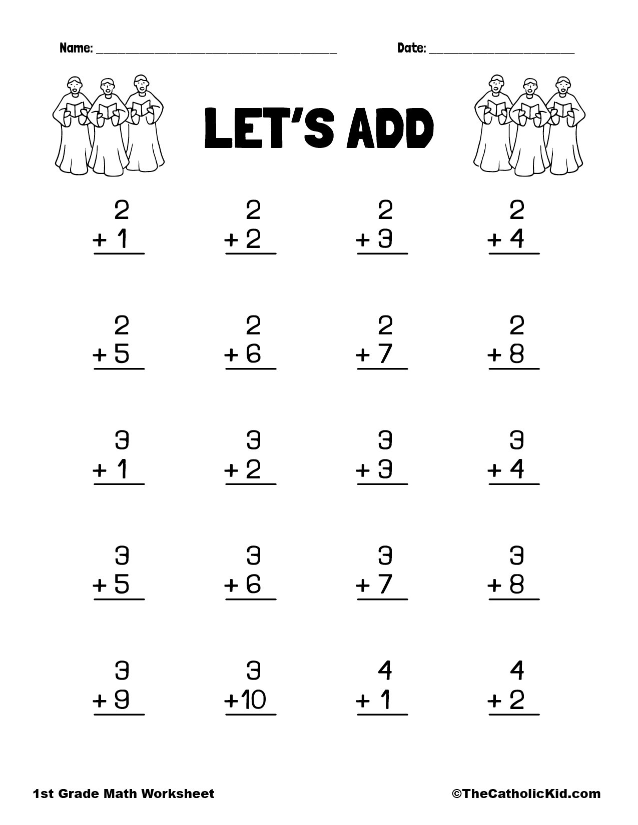 Let S Add 1st Grade Math Adding Worksheet Catholic TheCatholicKid