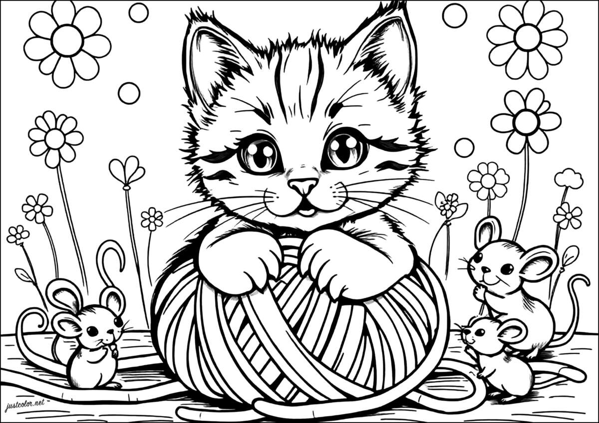 Little Cat And Ball Of Wool Cat Coloring Pages