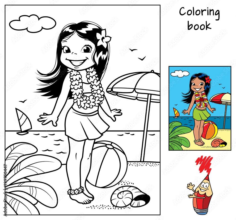 Little Hula Girl At The Beach Wearing A Hawaiian Garland Coloring Book Cartoon Vector Illustration Stock Vector Adobe Stock