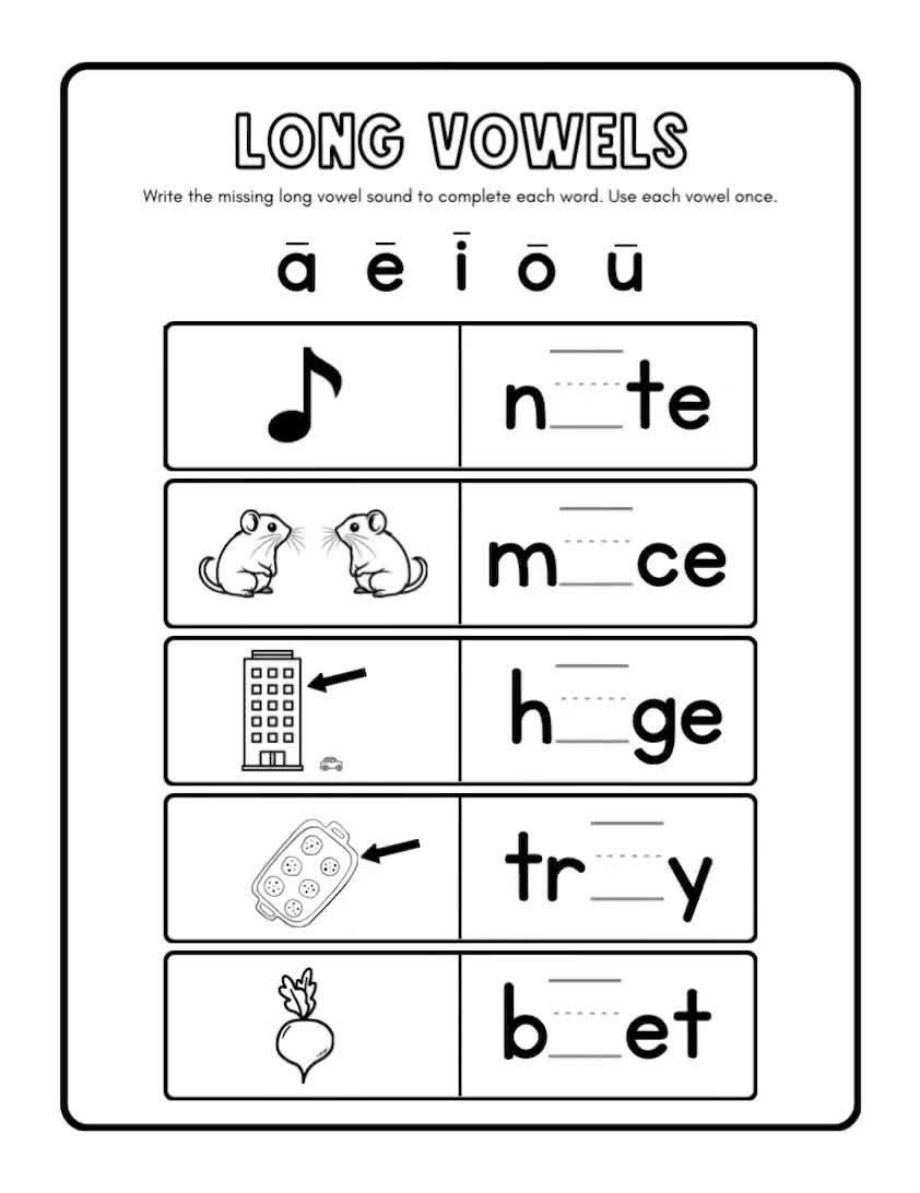 Long Vowels Worksheets Free Coloring Pages 5 Printables