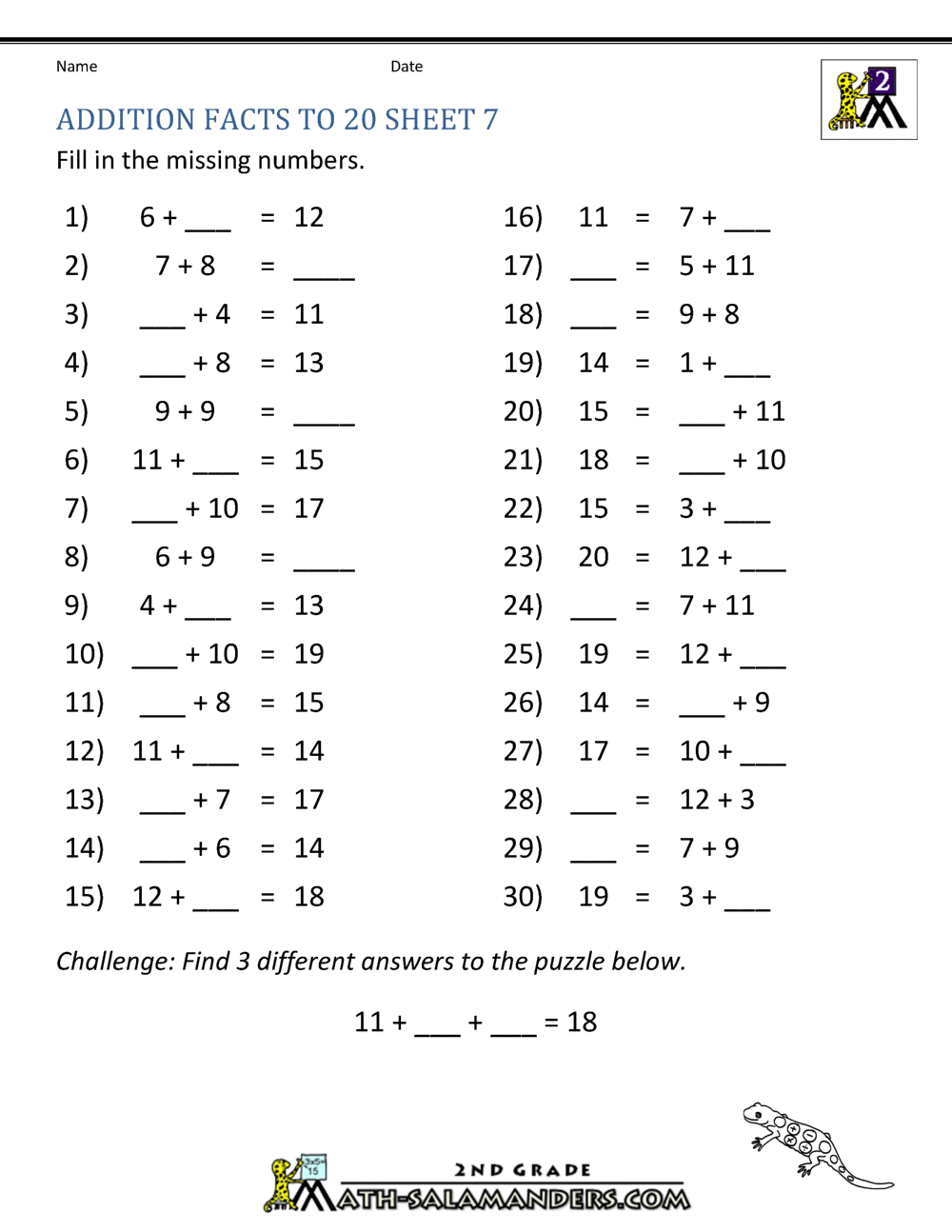 Math Addition Facts To 20