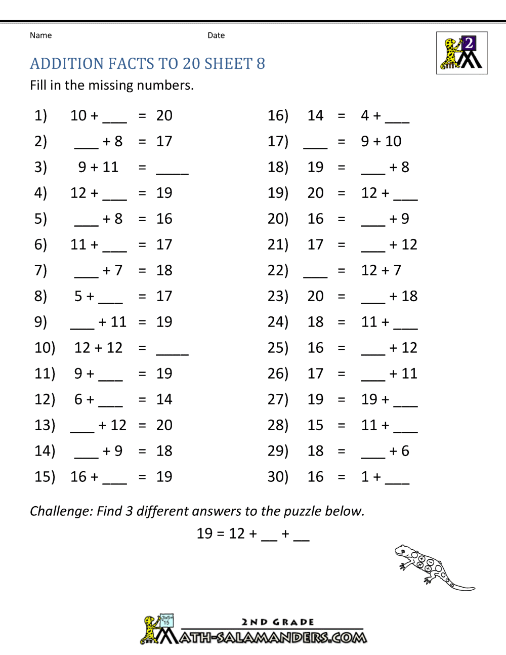 Math Addition Facts To 20