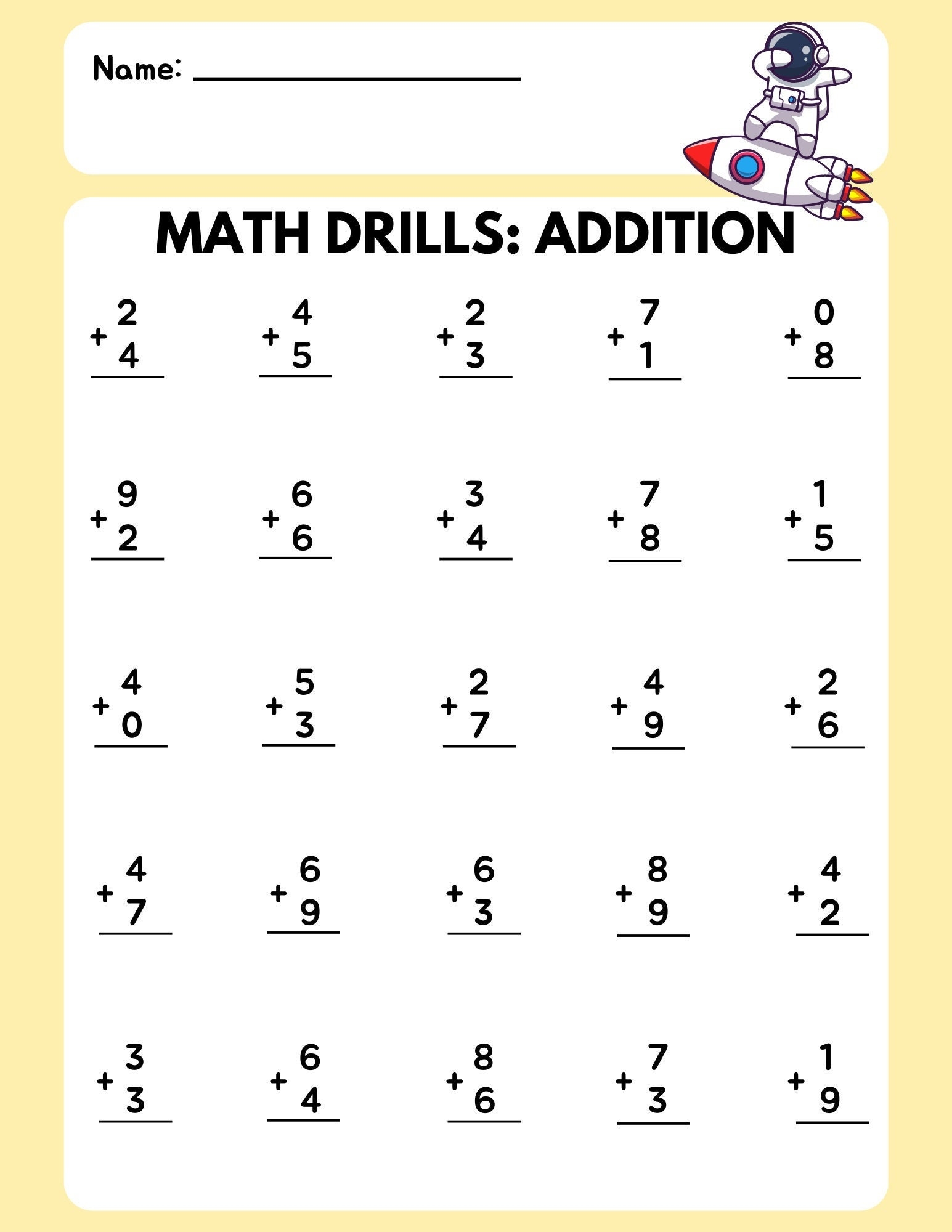 Math Drill Addition Worksheet 1 Etsy