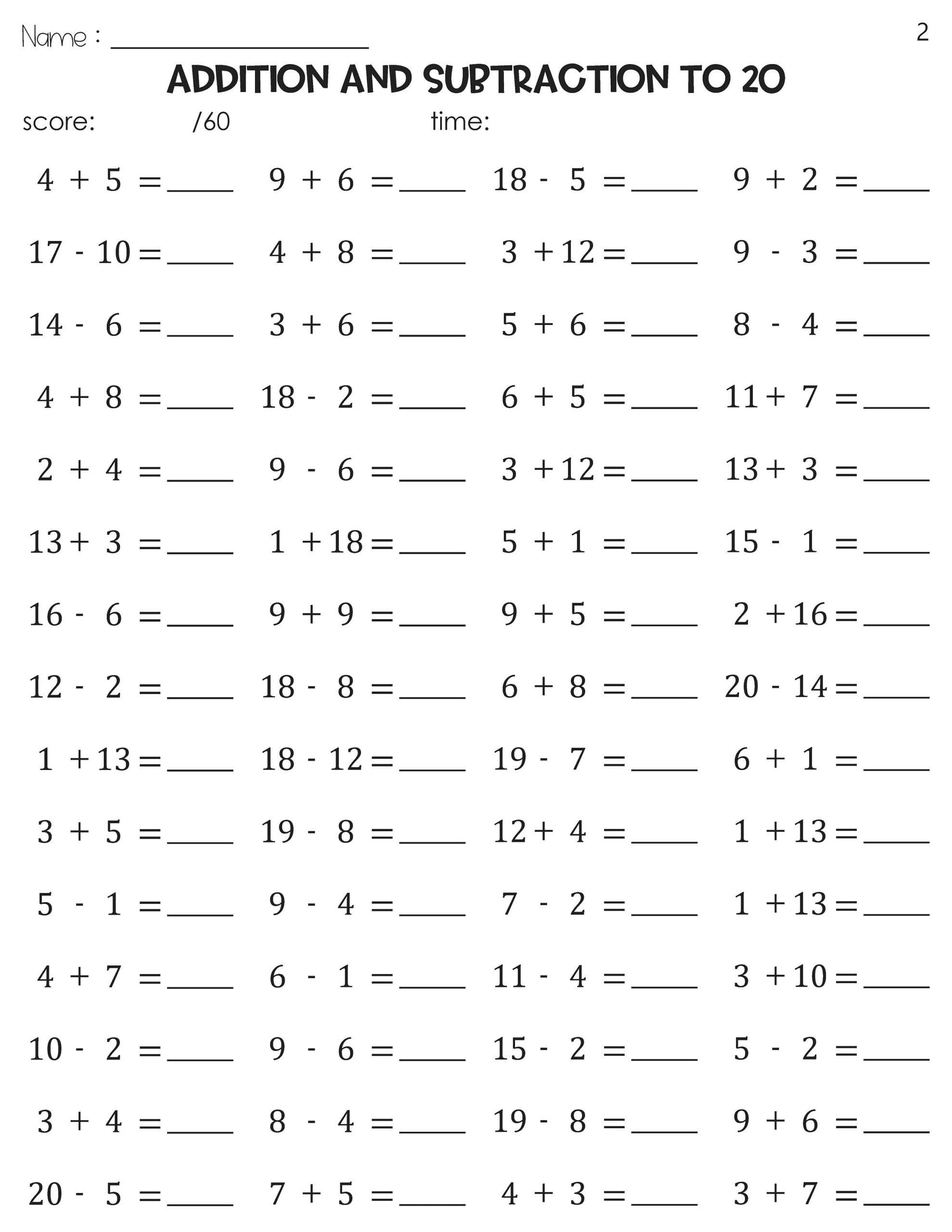 Math Fact Fluency Addition And Subtraction To 20 Timed Tests Practice Etsy Israel