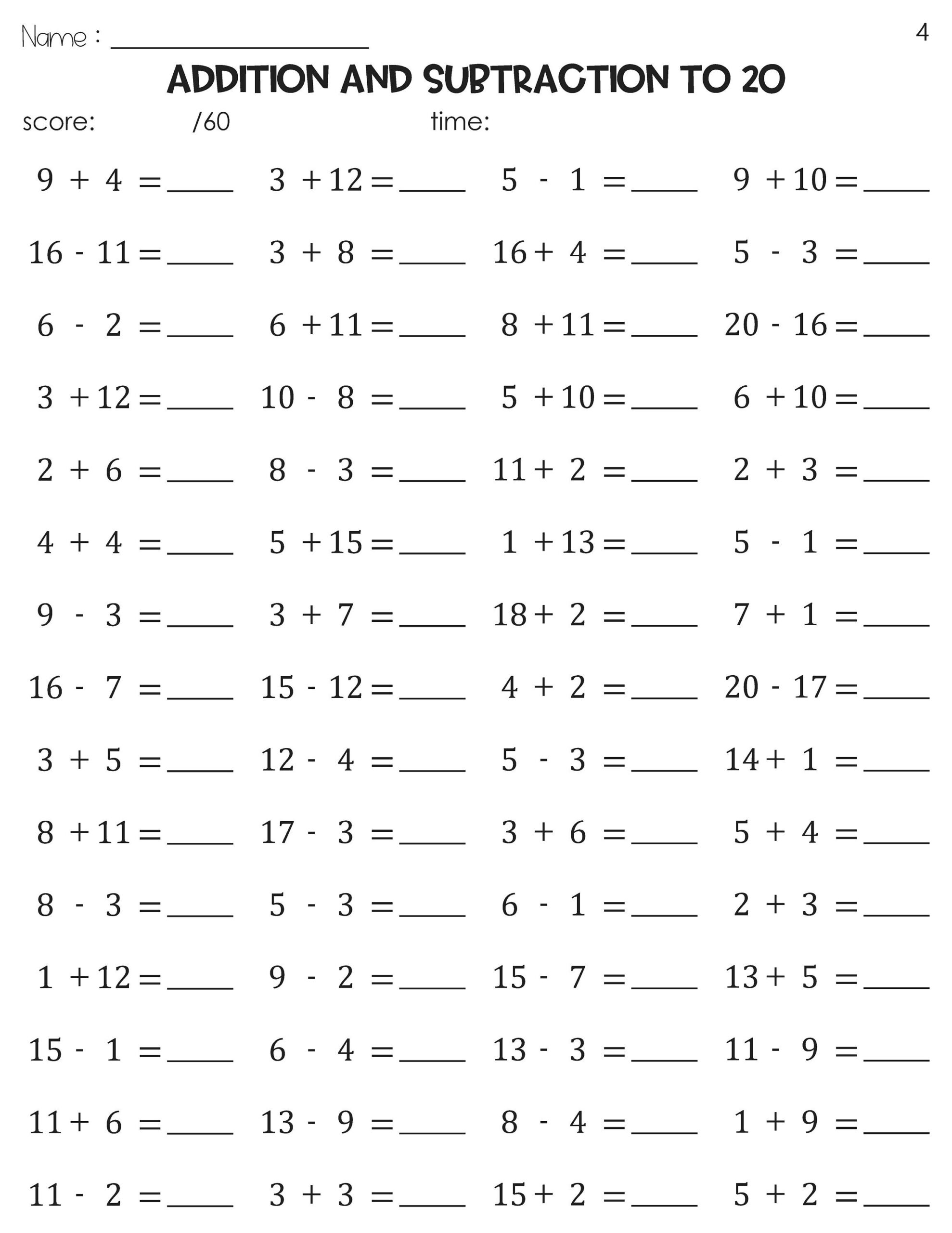 Math Fact Fluency Addition And Subtraction To 20 Timed Tests Practice Etsy Israel