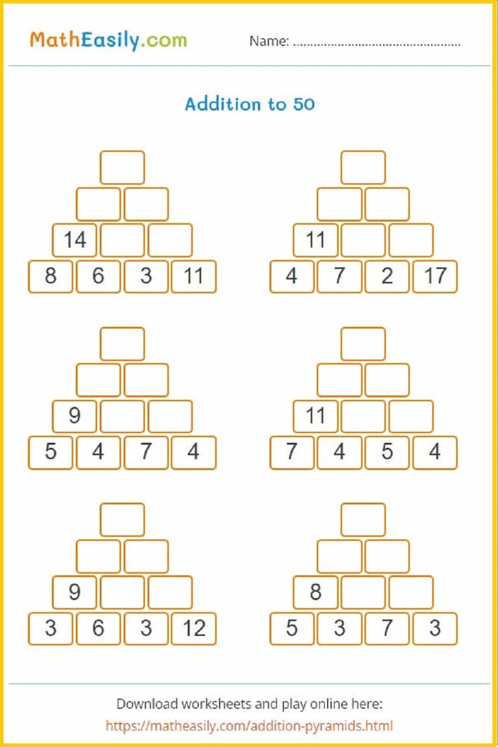 Math Number Pyramid Puzzle Game Worksheets