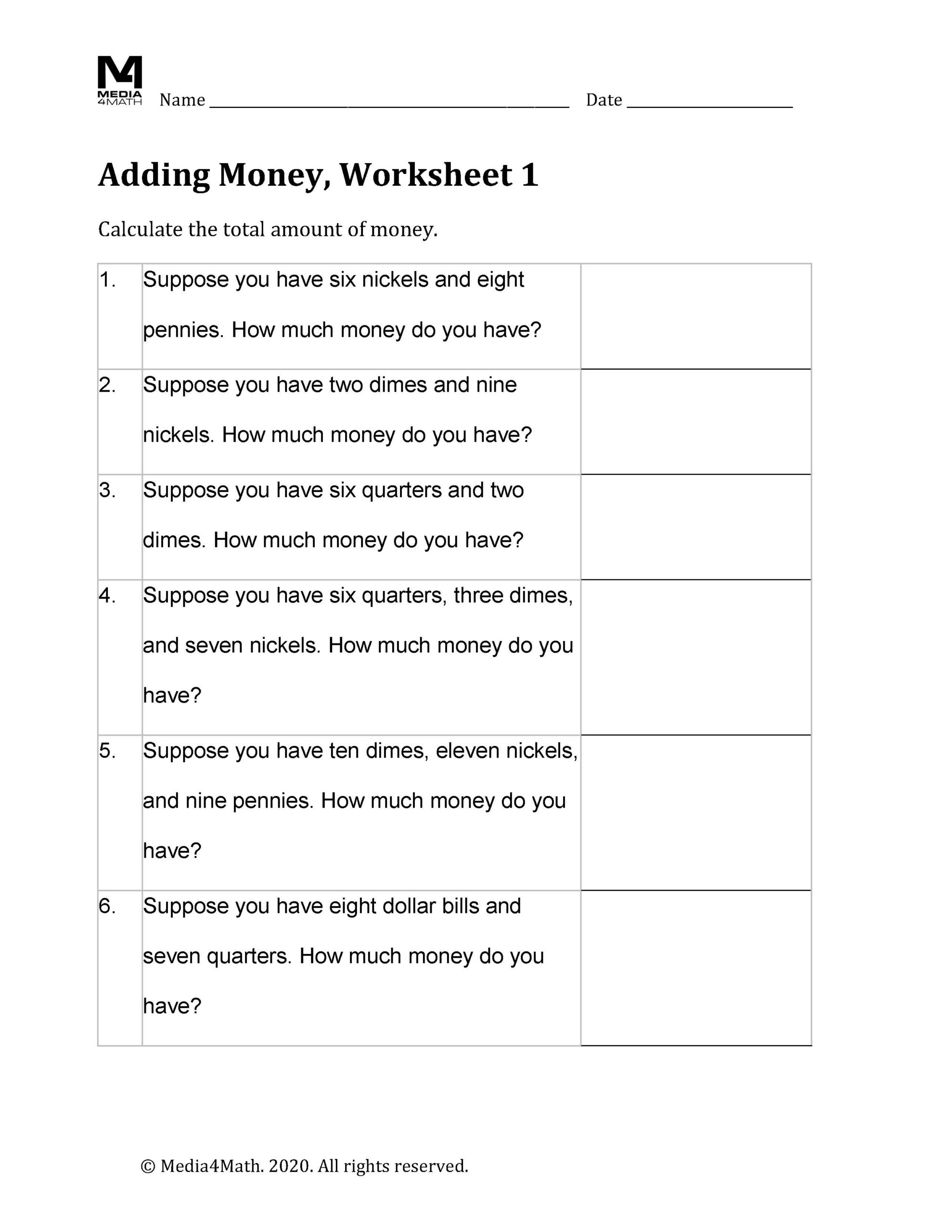 Math Worksheet Collection Adding Money Media4Math
