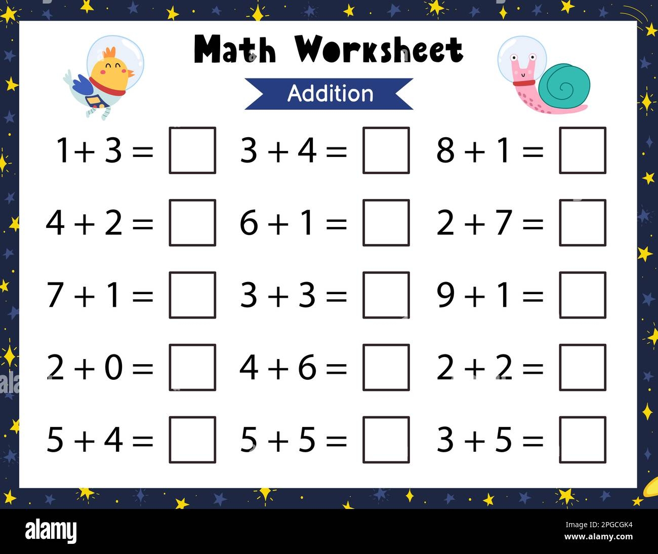 Math Worksheet For Kids Addition And Subtraction Space Black And White Mathematic Activity Page Stock Vector Image Art Alamy