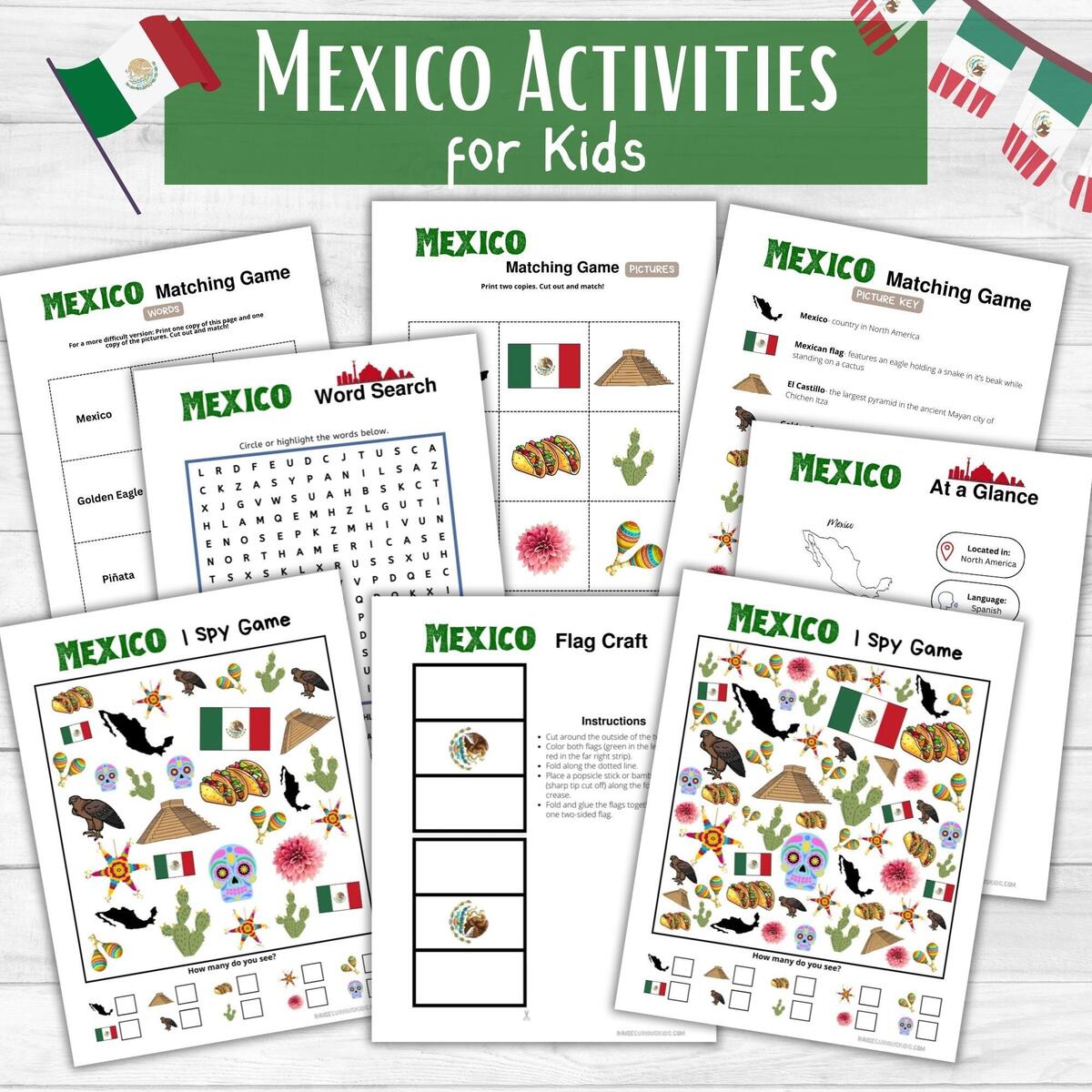 Mexico Activity Printables For Kids Cultural Around The World Learning Unit Mexico I Spy Matching Game Worksheets Mexican Flag Craft Etsy