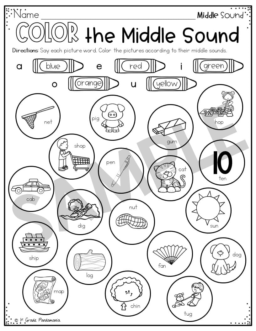 Middle Sounds Worksheets Phonics Activities 1st Grade Pandamania