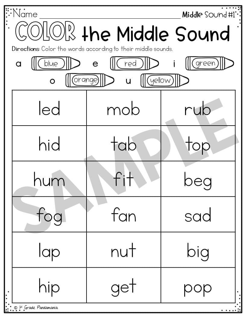 Middle Sounds Worksheets Phonics Activities 1st Grade Pandamania
