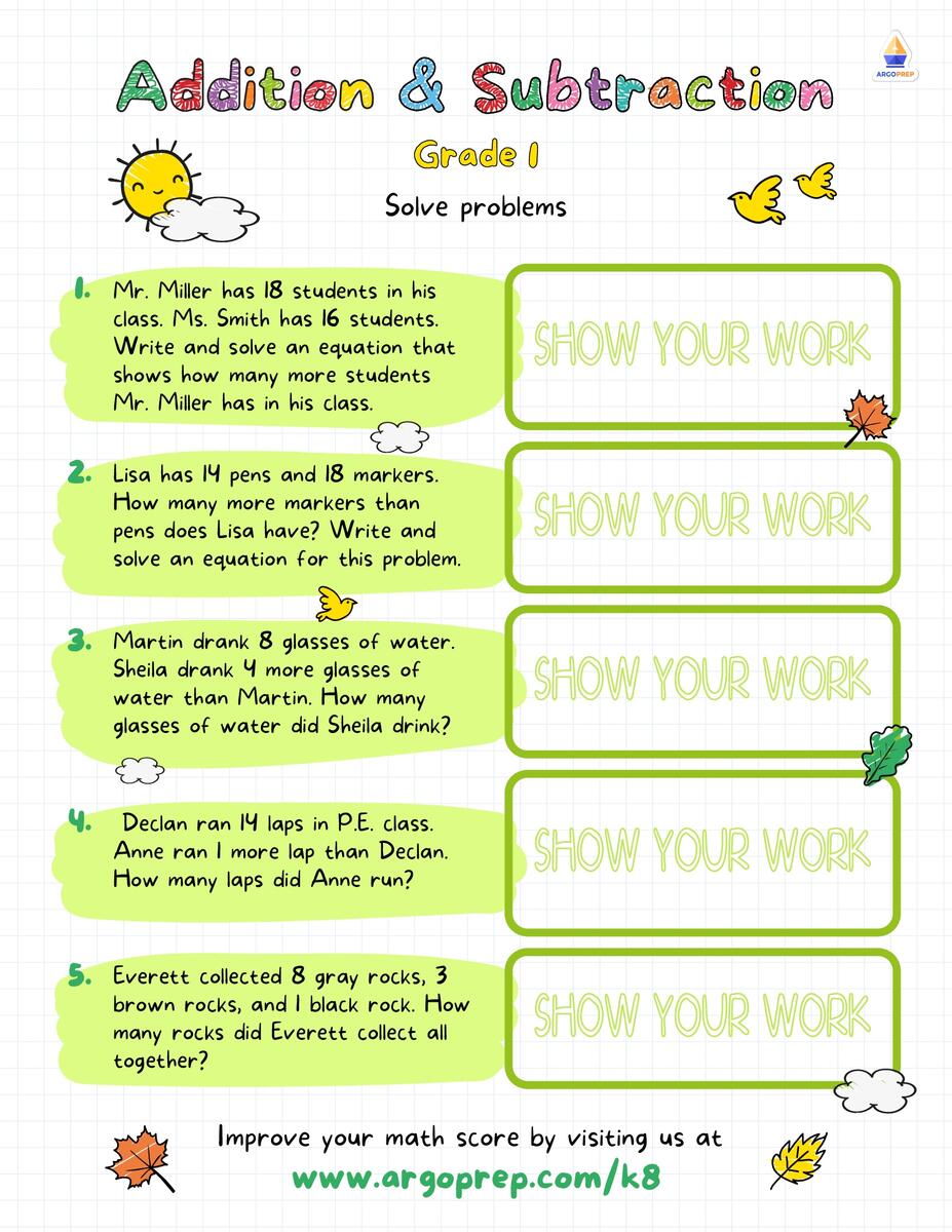 Mixed Addition And Subtraction Word Problems Worksheets For Grade 1 ArgoPrep