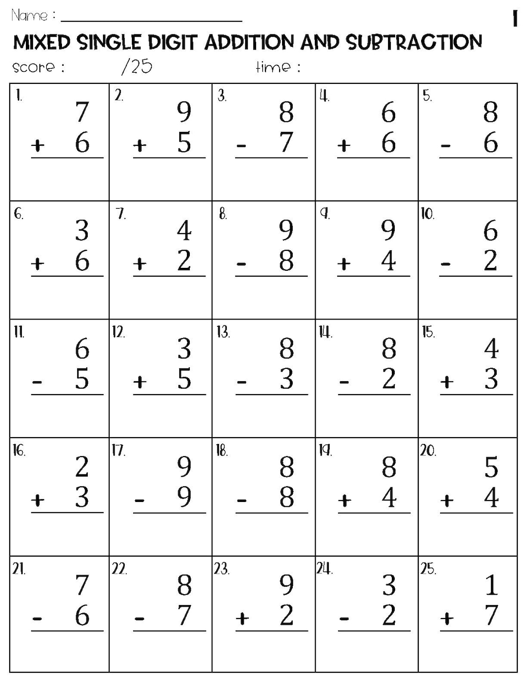 Mixed Single Digit Addition And Subtraction Worksheets Etsy Finland