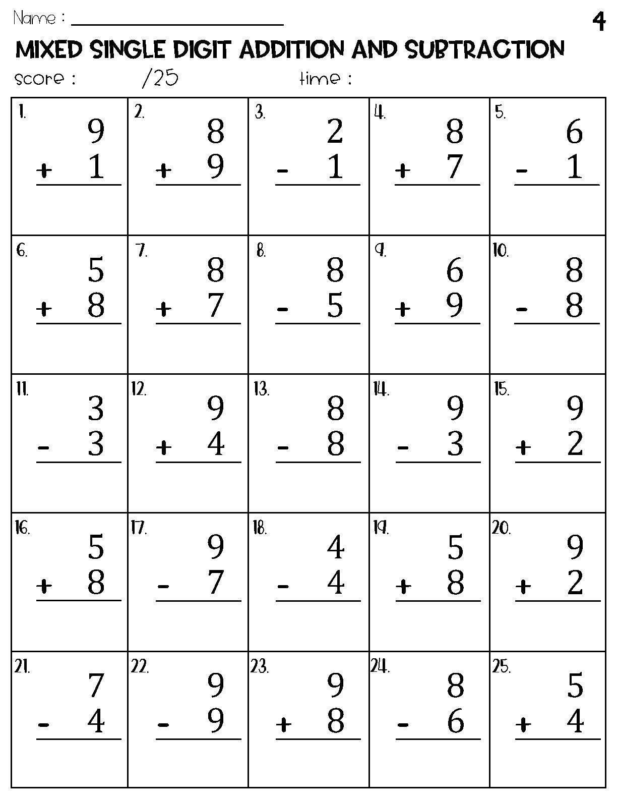 Mixed Single Digit Addition And Subtraction Worksheets Etsy Hong Kong