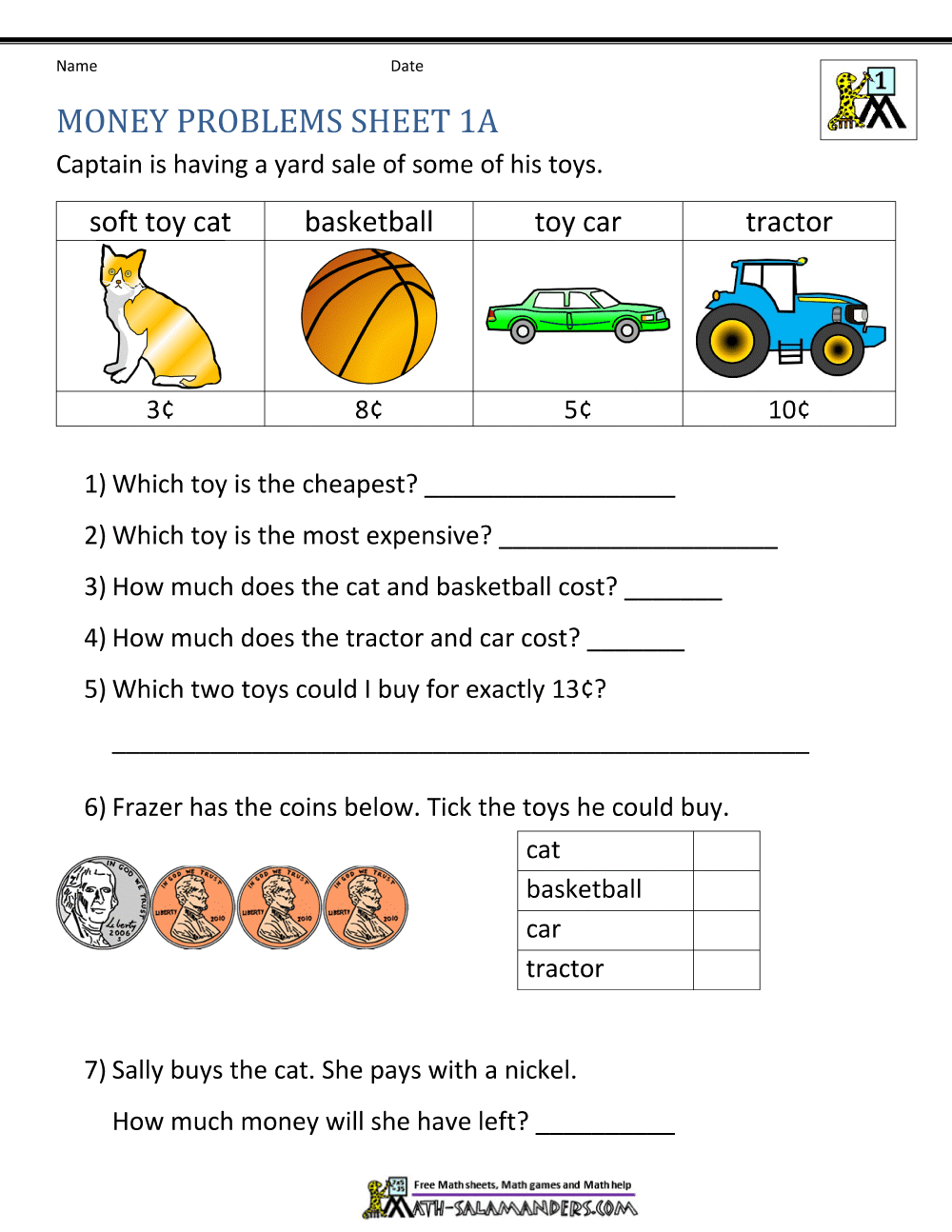 Free Math Money Worksheets 1st Grade