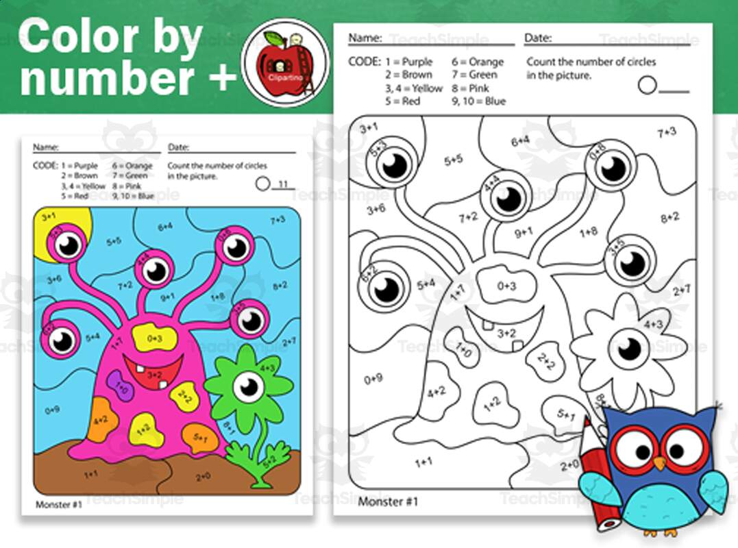 Monsters Color By Code Worksheet Addition Operation By Teach Simple