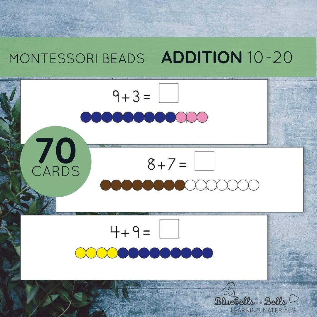 Montessori Beads Addition 10 20 Addition With Carry Printable Cards 1st Grade Math Activity Etsy