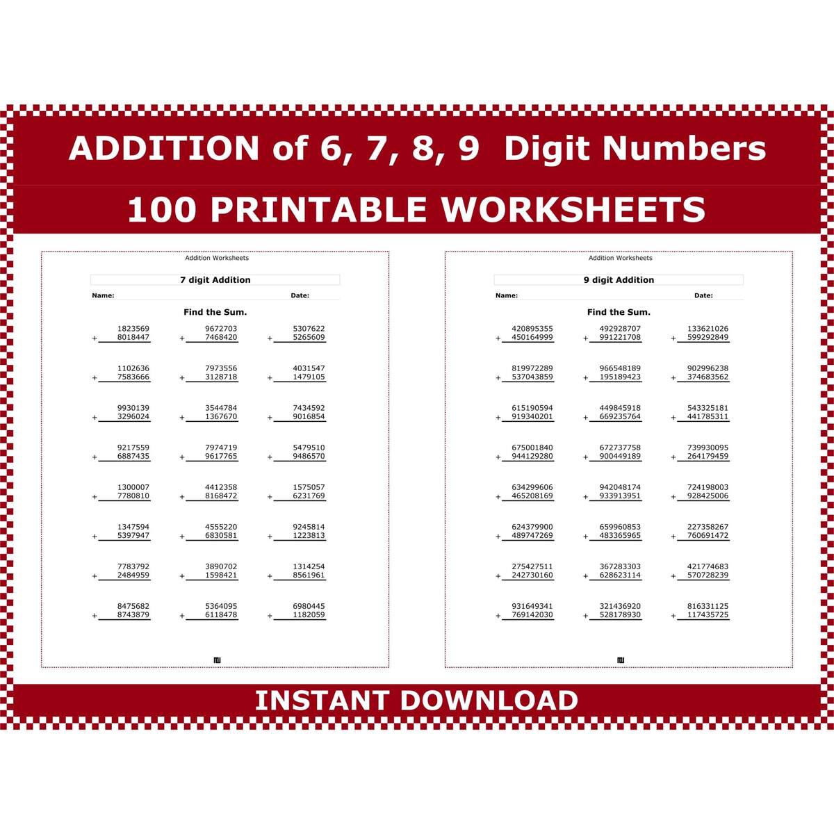 Multi Digit Addition Worksheets 6 9 Digit Problems PDF Download Etsy Australia