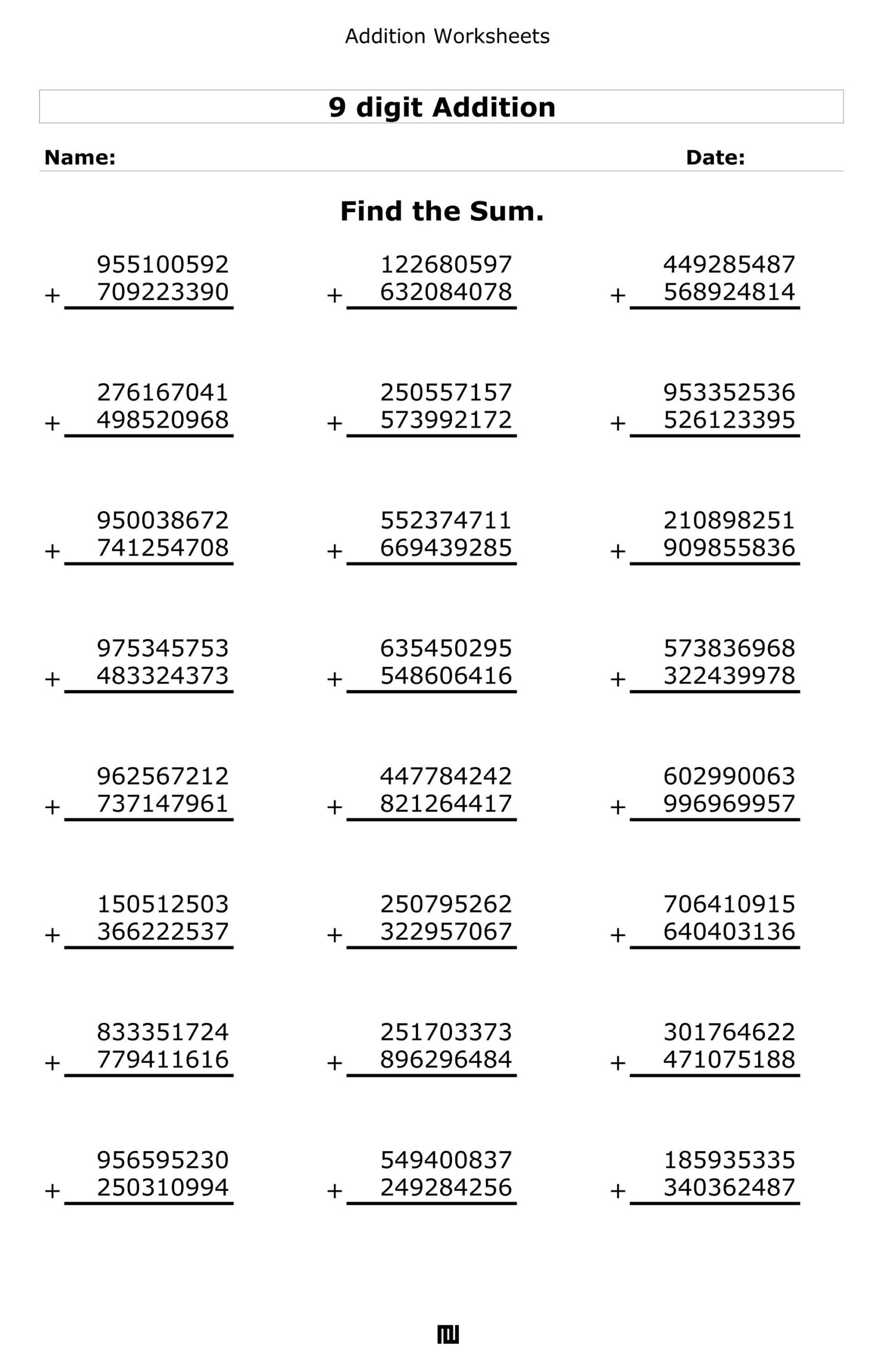 Multi Digit Addition Worksheets 6 9 Digit Problems PDF Download Etsy Australia