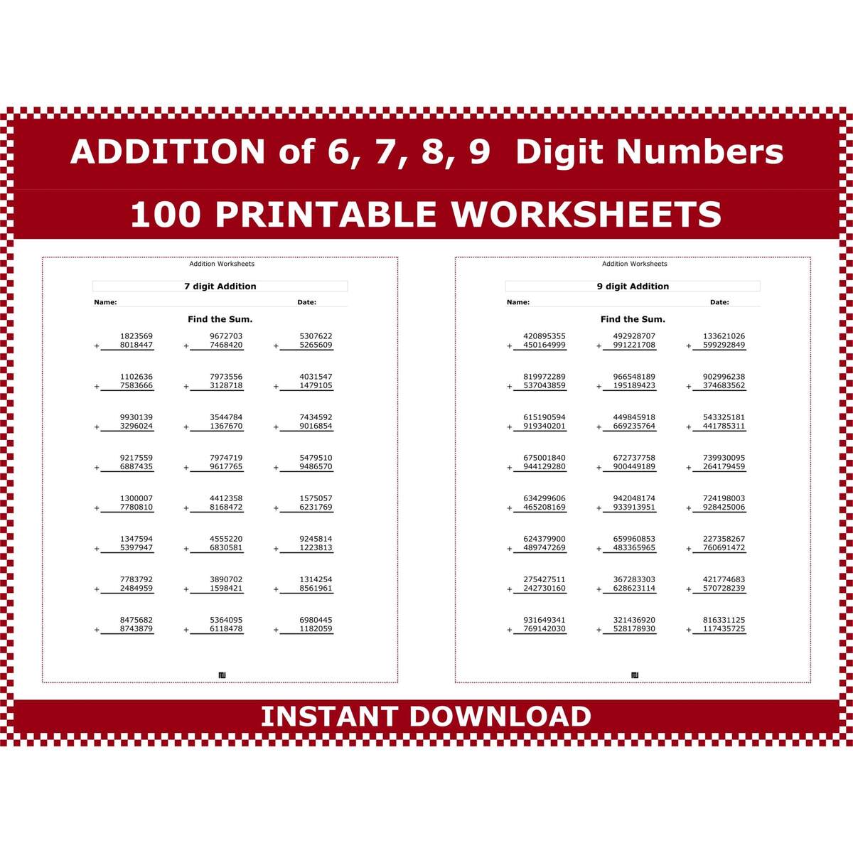 Multi Digit Addition Worksheets 6 9 Digit Problems PDF Download Etsy Australia