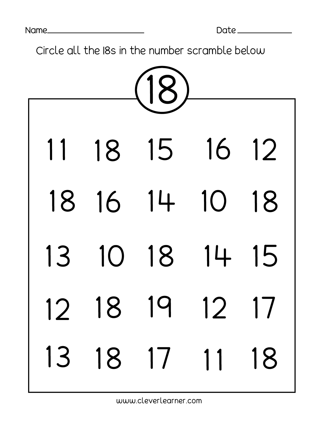 Number 18 Writing Counting And Identification Printable Worksheets For Children