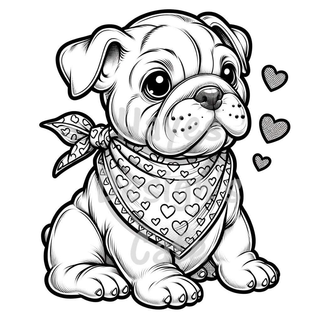Pitbull Puppy Coloring Page Hearts Bandana Dog Line Art Digital Download Etsy