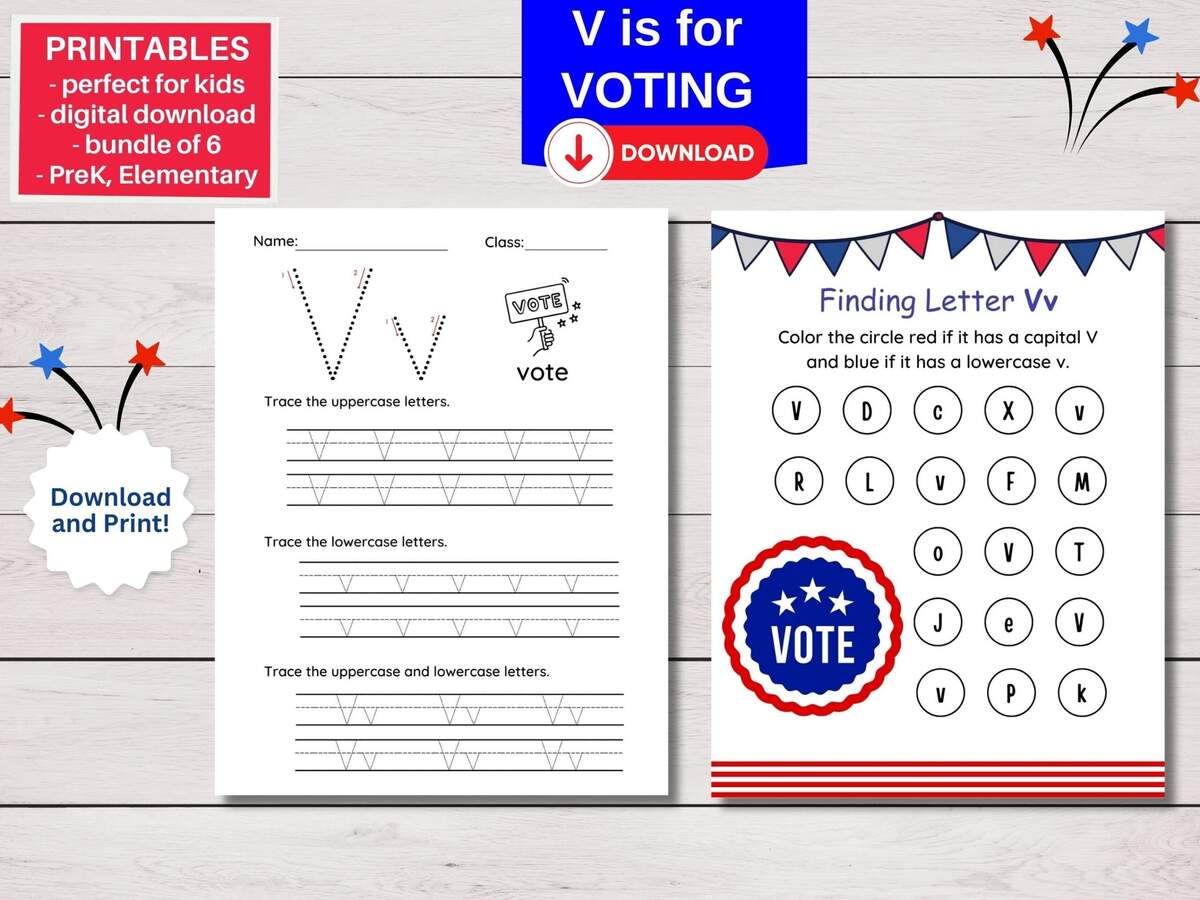 Prek Early Elementary V Is For Vote Counting Tracing Worksheets Election Class Activity Coloring Pages Digital Download Printable Etsy Israel