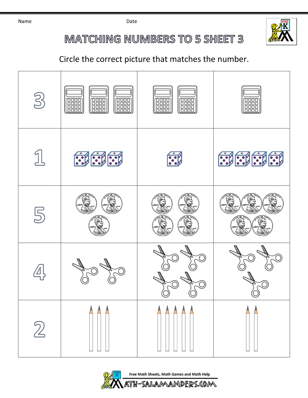 Preschool Math Worksheets Matching To 5