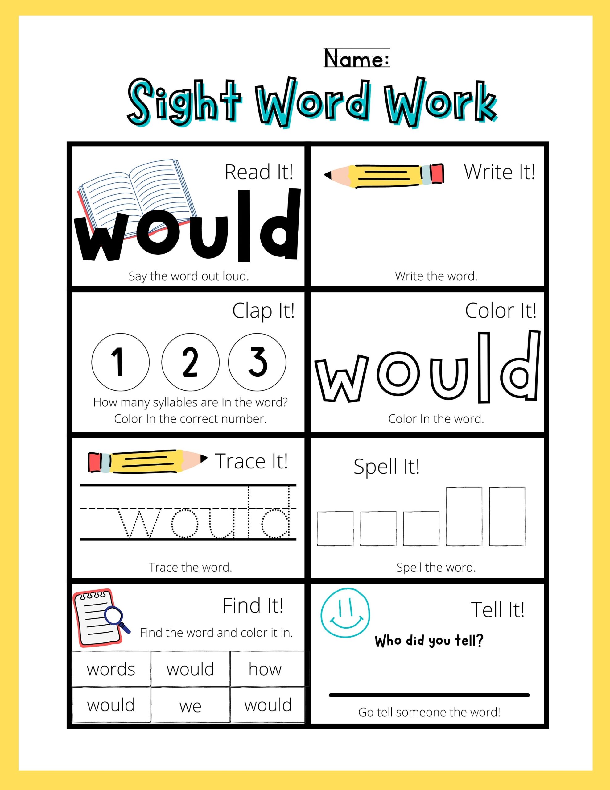 Printable FRY 1st 100 Sight Words Work Sheets Fry First 100 Back To School Worksheets Kindergarten First Grade Instant Download Etsy