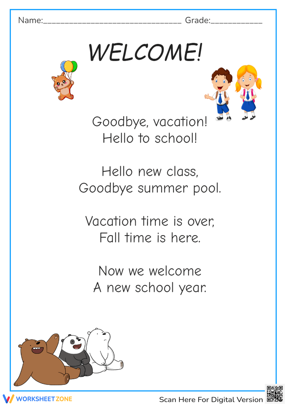 Printable Kindergarten Back To School Poems Worksheets Download