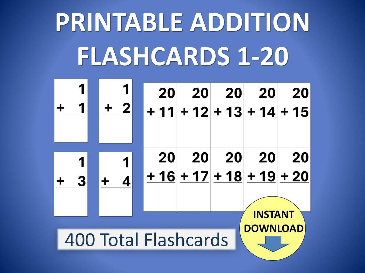 Printable Math Addition Flashcards 1 20 Fact Cards Etsy