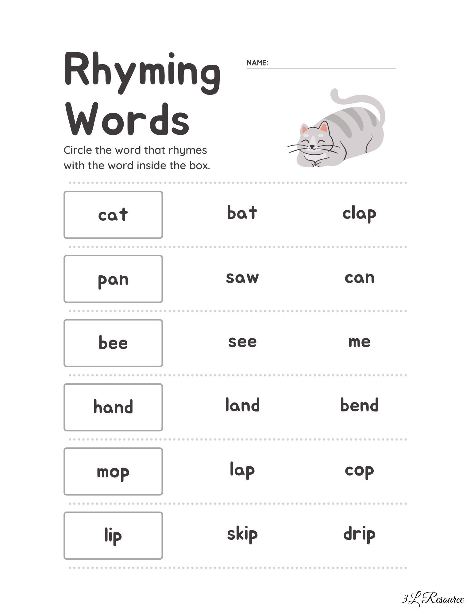 Free Rhyming Word Worksheet