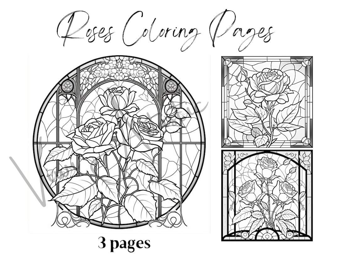 Roses Stained Glass Coloring Pages For Adults PDF PNG Etsy