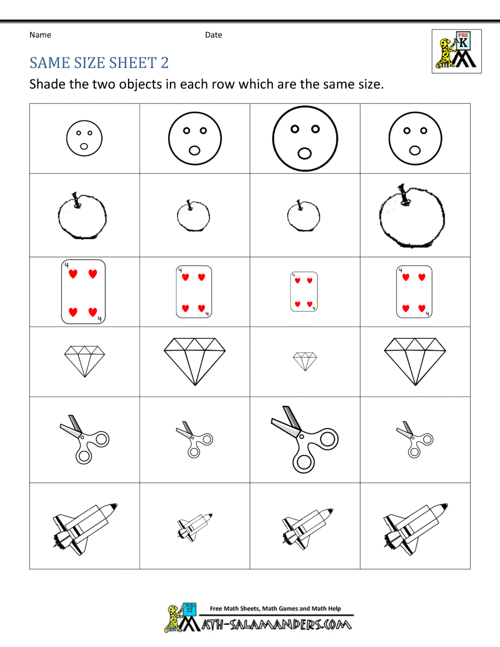 Size Worksheets Bigger Smaller Or The Same Size