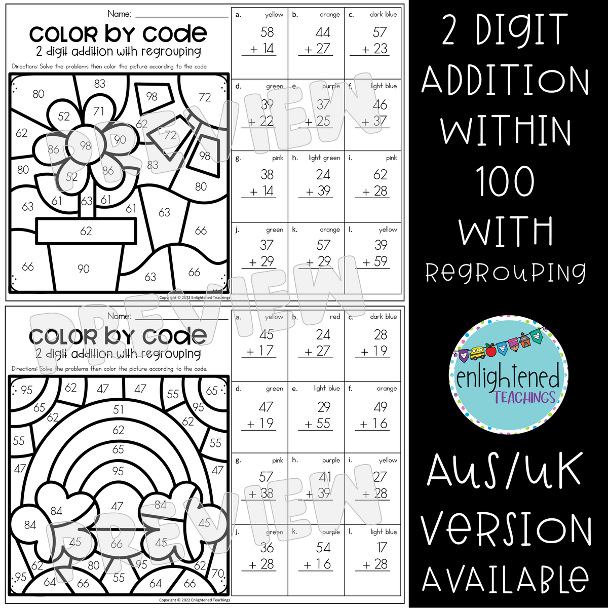 Spring 2 Digit Addition With And Without Regrouping Color By Code BUNDLE Made By Teachers