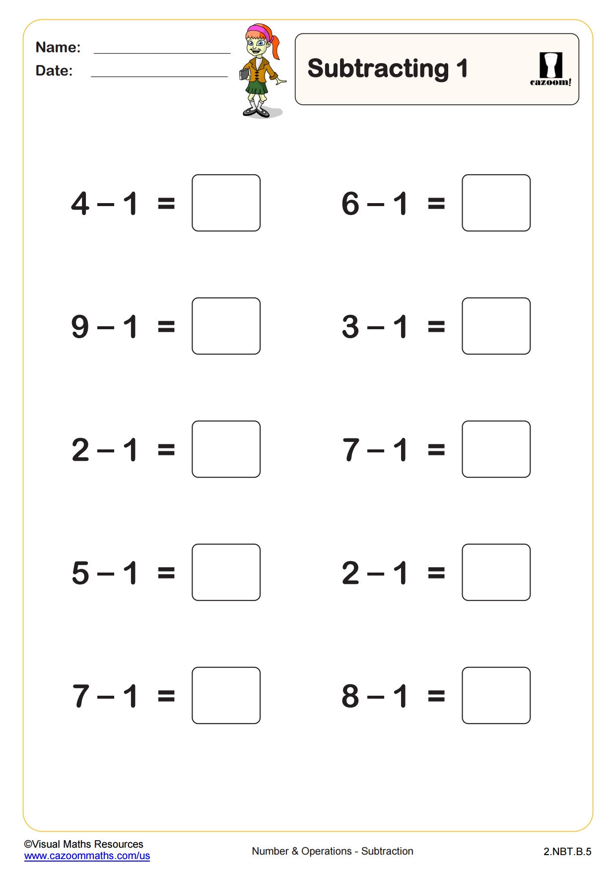 Subtracting 1 10 Questions PDF Printable Operations And Algebraic Thinking Worksheets Cazoom Math