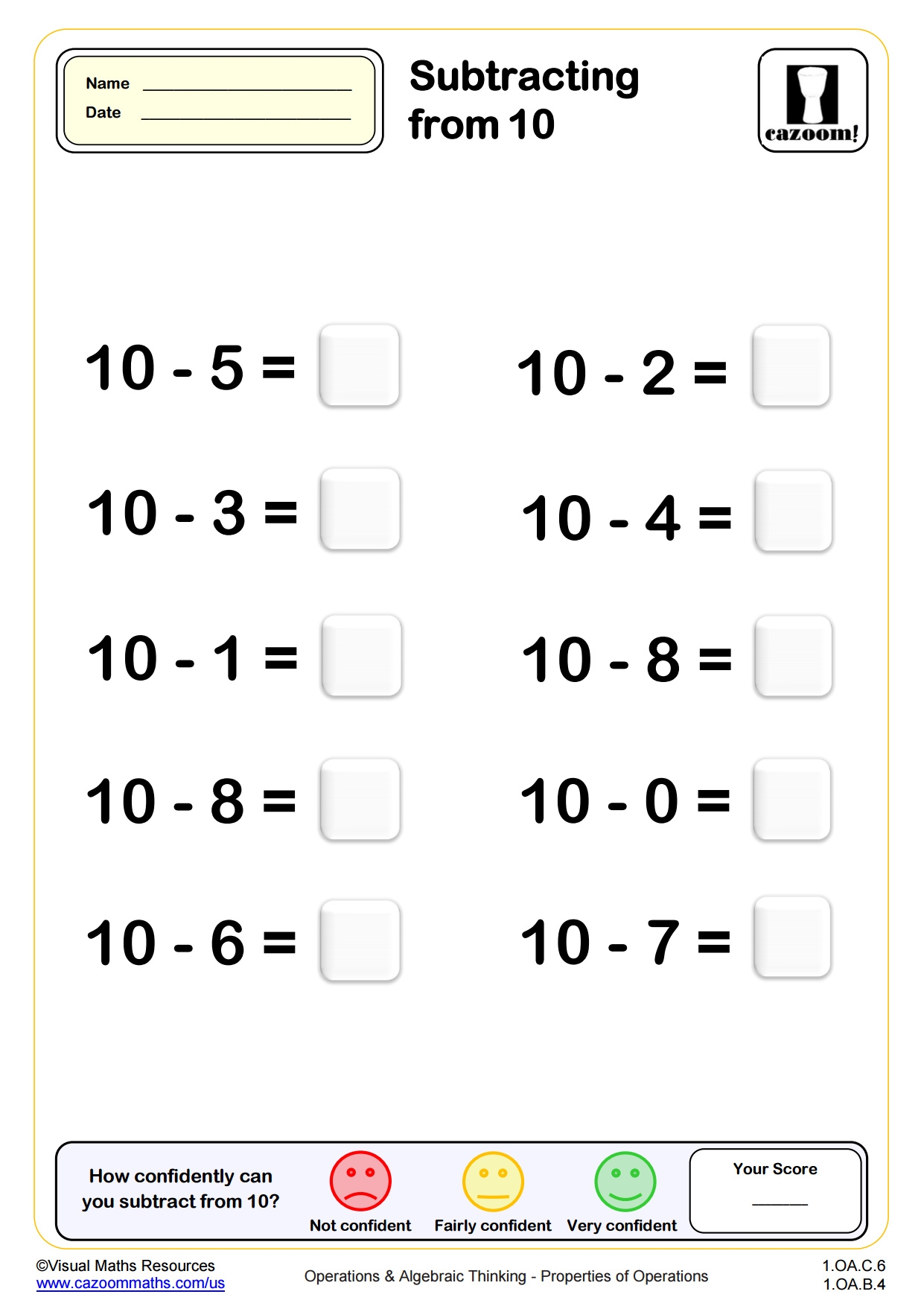 Subtracting From 10 Drills 10 Questions PDF Printable Operations And Algebraic Thinking Worksheets Cazoom Math
