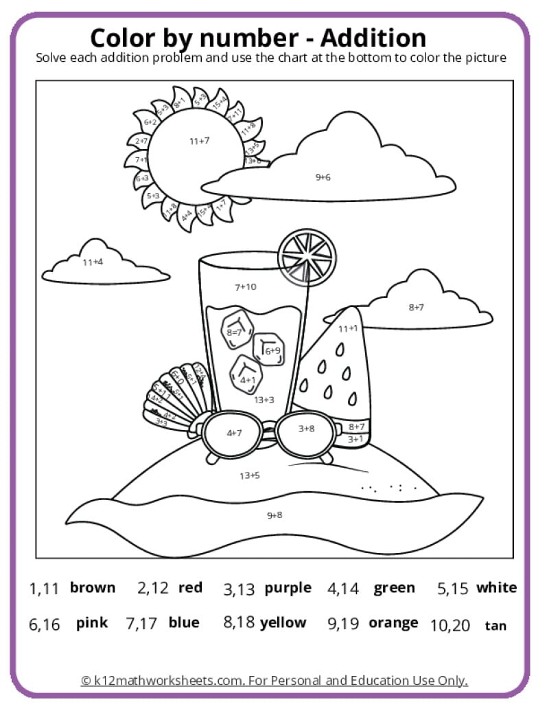 Summer Color By Number Pages K12 Math Worksheets
