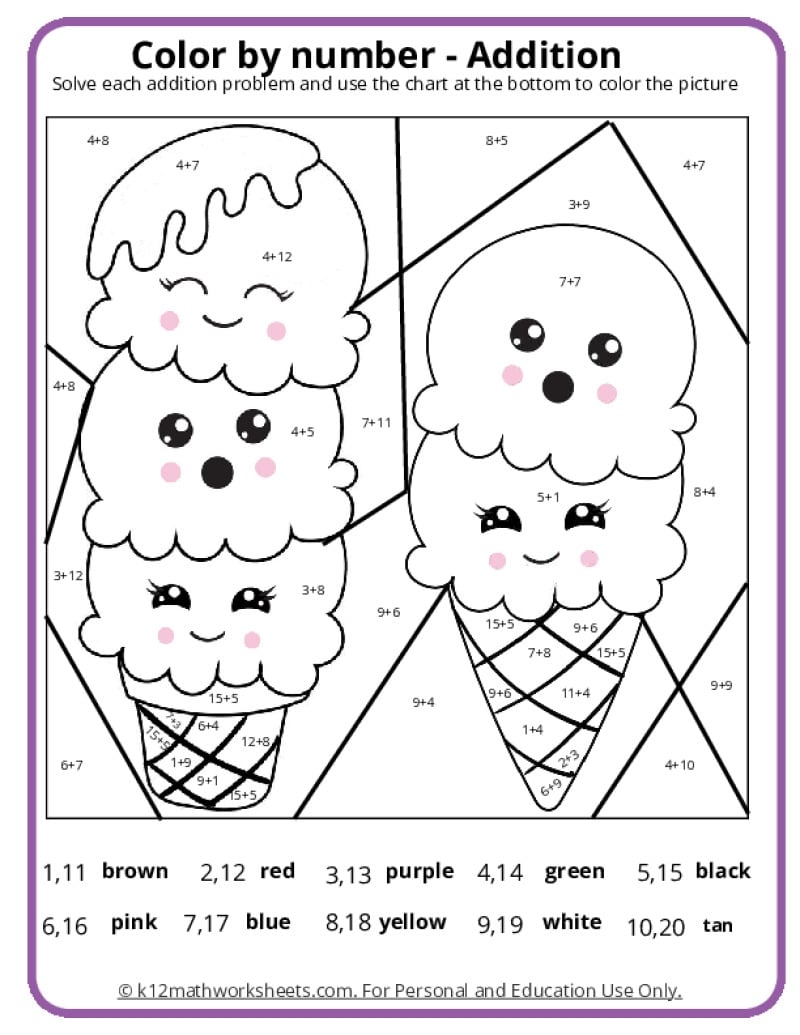 Summer Color By Number Pages K12 Math Worksheets