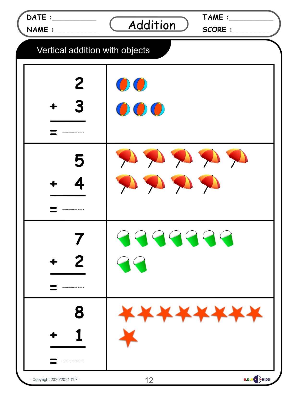 Summer Math Worksheets Vertical Addition With Objects Sums To 20 Made By Teachers