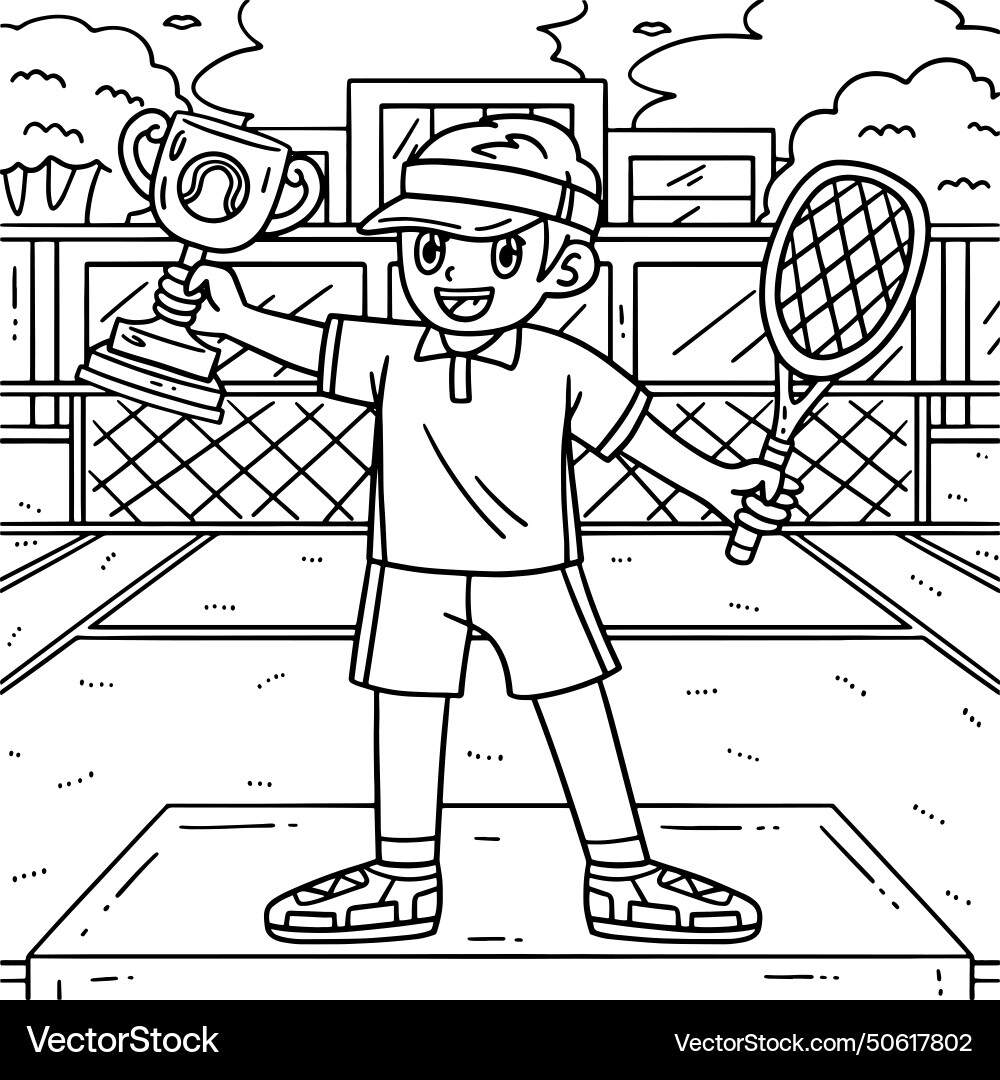 Tennis Player With Trophy Coloring Page For Kids Royalty Free Vector VectorStock