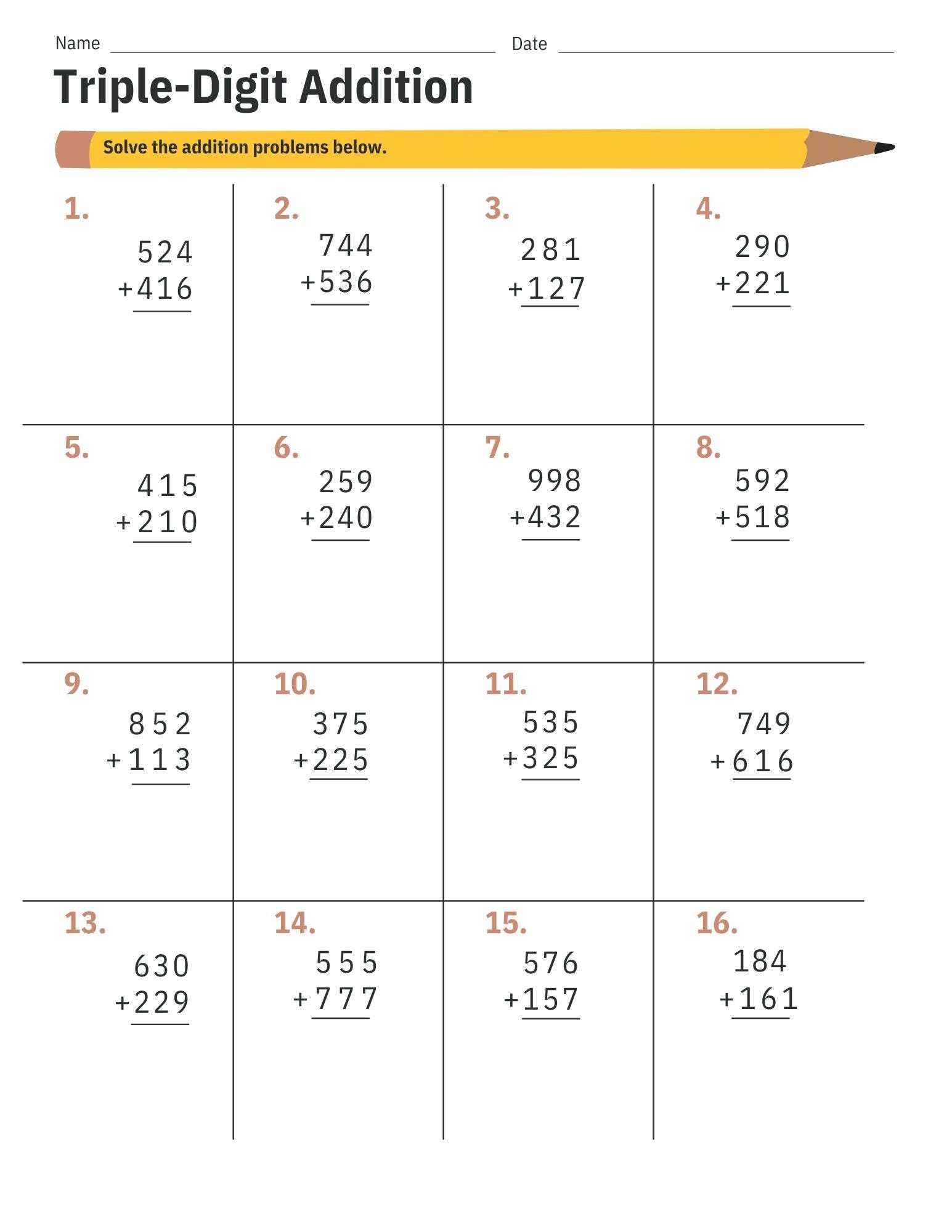 Triple Digit Addition Math School Assignment Worksheet Printable Instant Digital Download PDF Etsy