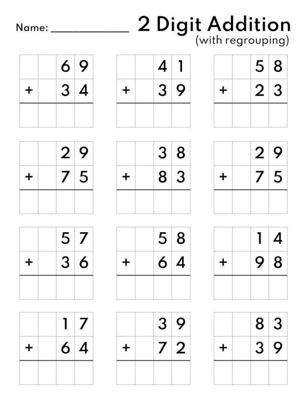 Two Digit Addition Worksheets 1st 2nd Grade Math printable PDF Etsy
