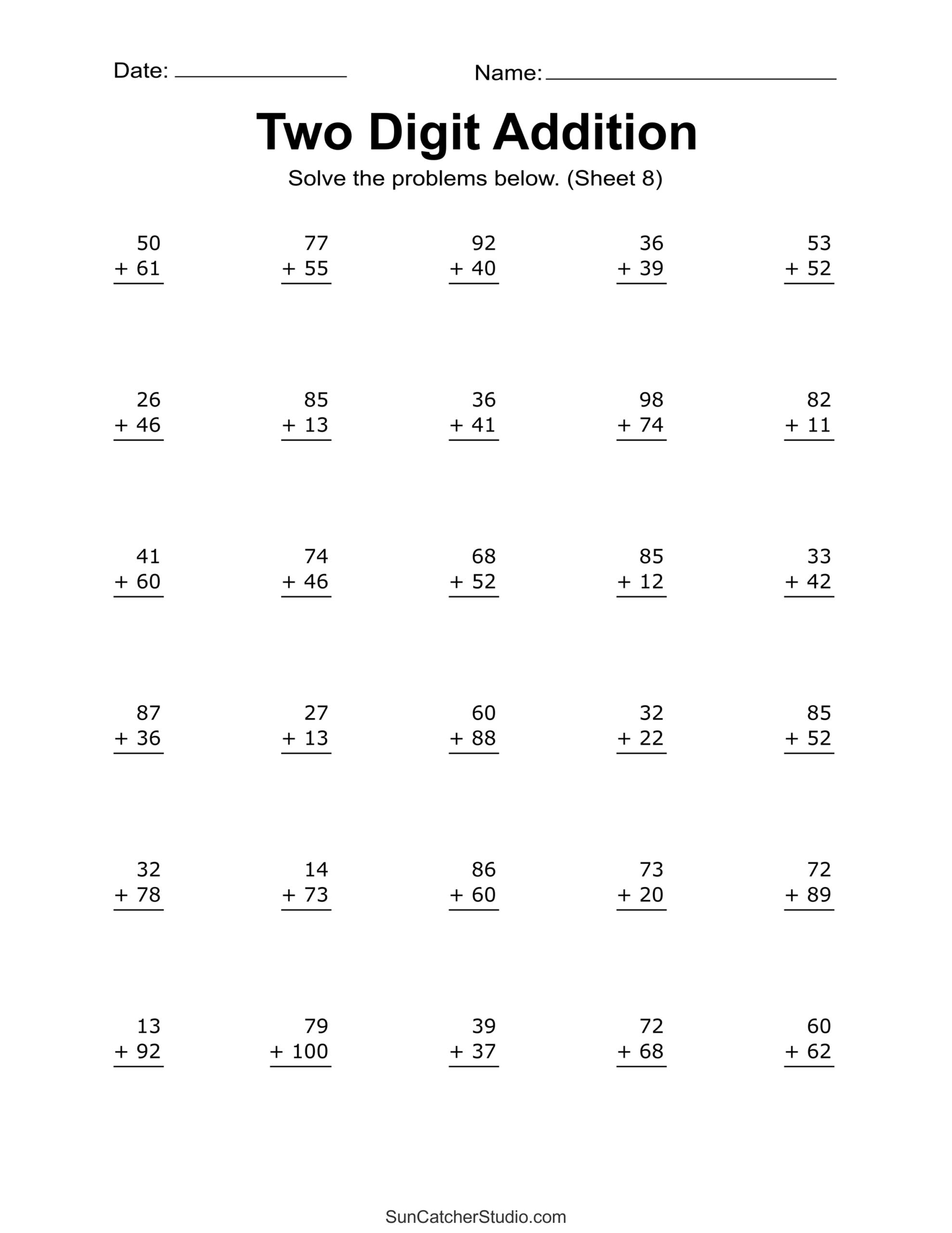 Two Digit Addition Worksheets Printable 2 Digit Problems Free Printables Lettering SVG Files Tools Apps